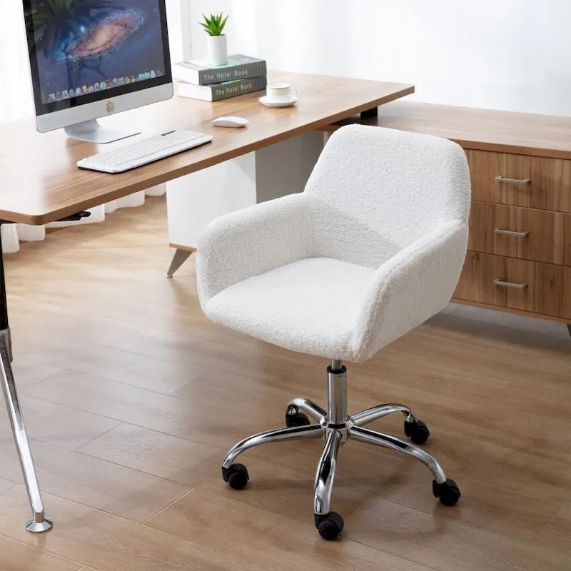 Chaise de bureau pivotante en fausse fourrure blanche, réglable en hauteur, à roulettes, avec dossier haut
