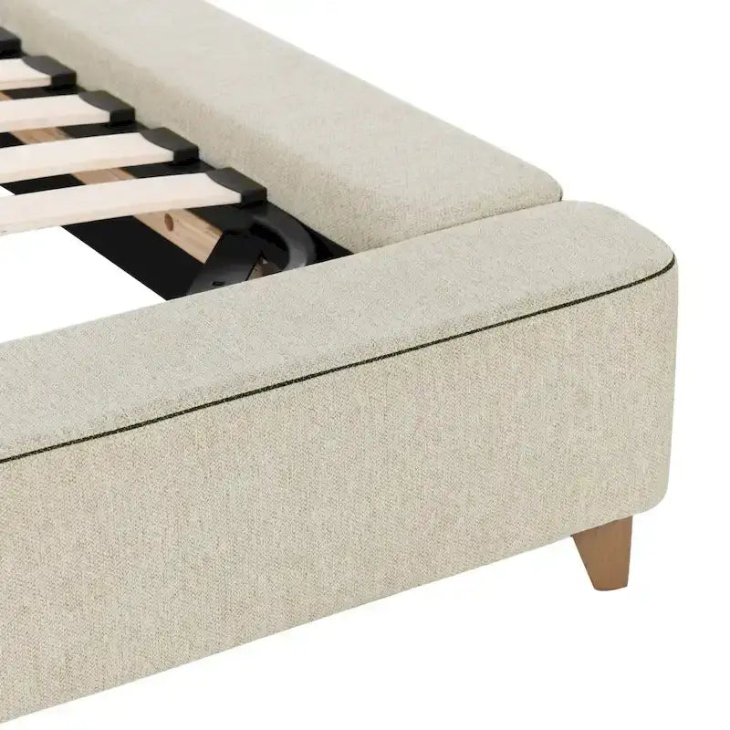 Lit plateforme rembourré à bords arrondis en beige crème