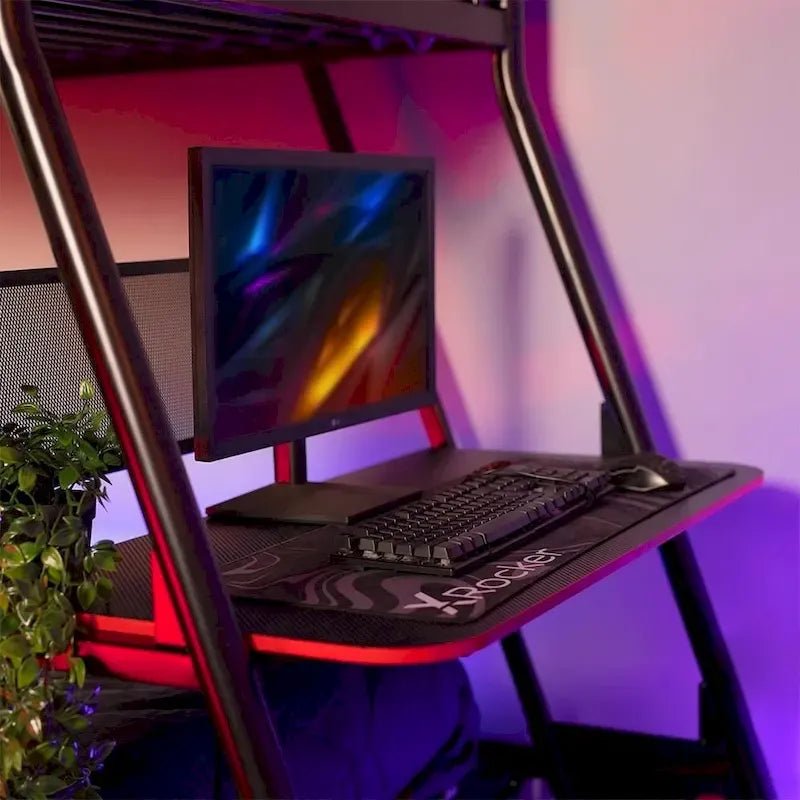 Lit superposé double en métal noir avec bureau de jeu intégré et étagères supérieures