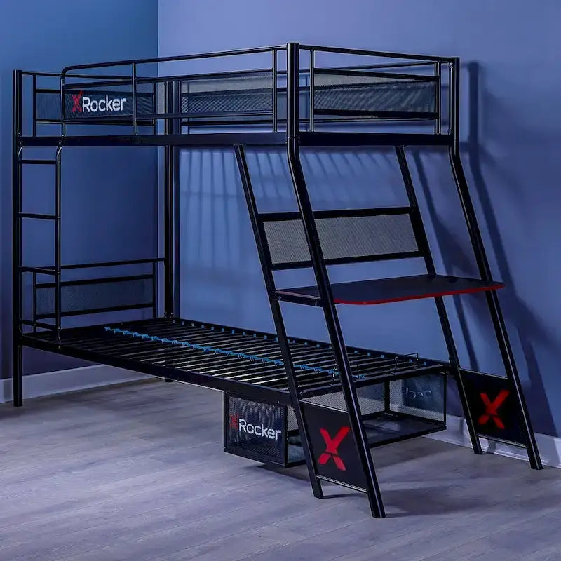 Lit superposé double en métal noir avec bureau de jeu intégré et étagères supérieures