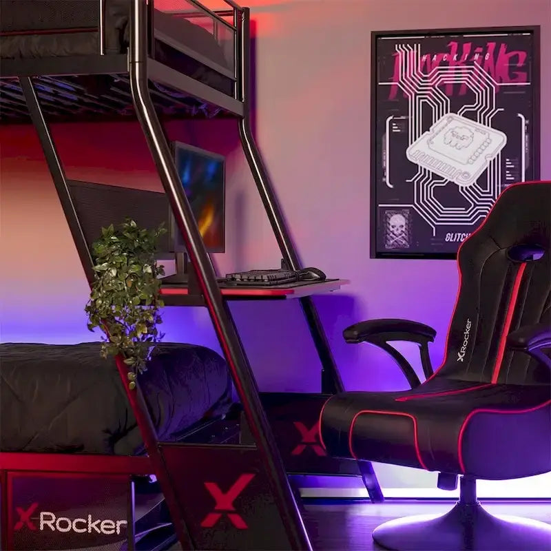 Lit superposé double en métal noir avec bureau de jeu intégré et étagères supérieures
