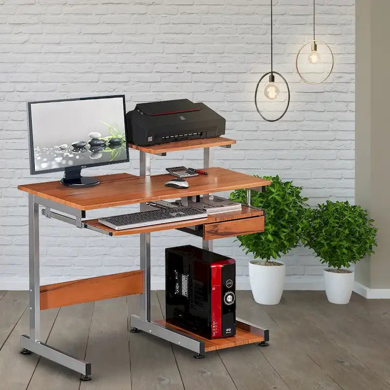 Bureau d'ordinateur à grain de bois brun avec tiroir pour clavier et étagère pour unité centrale