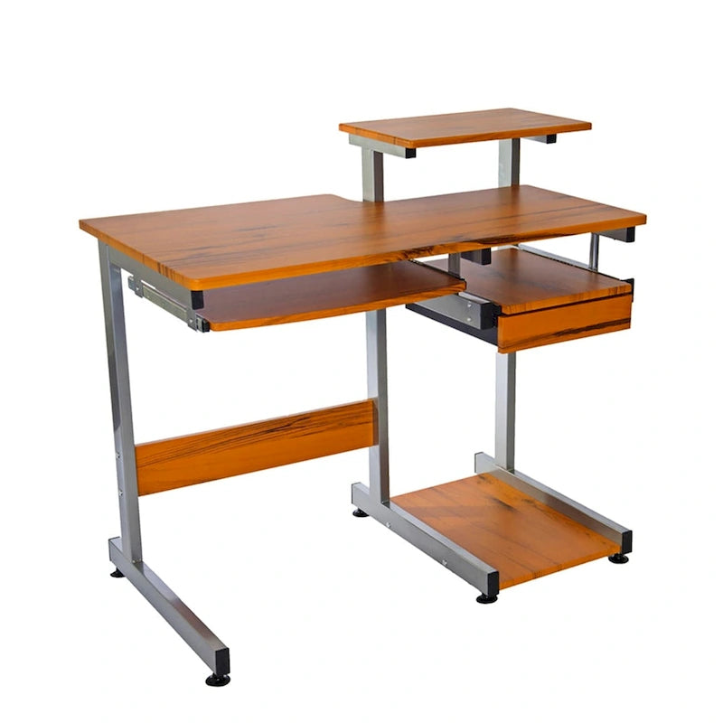 Bureau d'ordinateur à grain de bois brun avec tiroir pour clavier et étagère pour unité centrale