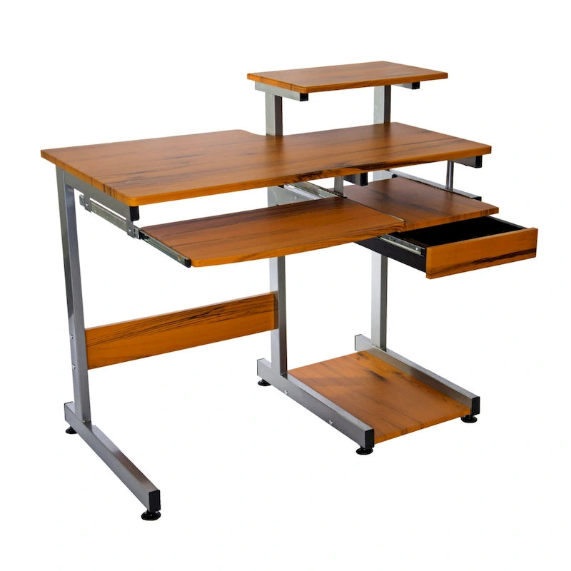 Bureau d'ordinateur à grain de bois brun avec tiroir pour clavier et étagère pour unité centrale