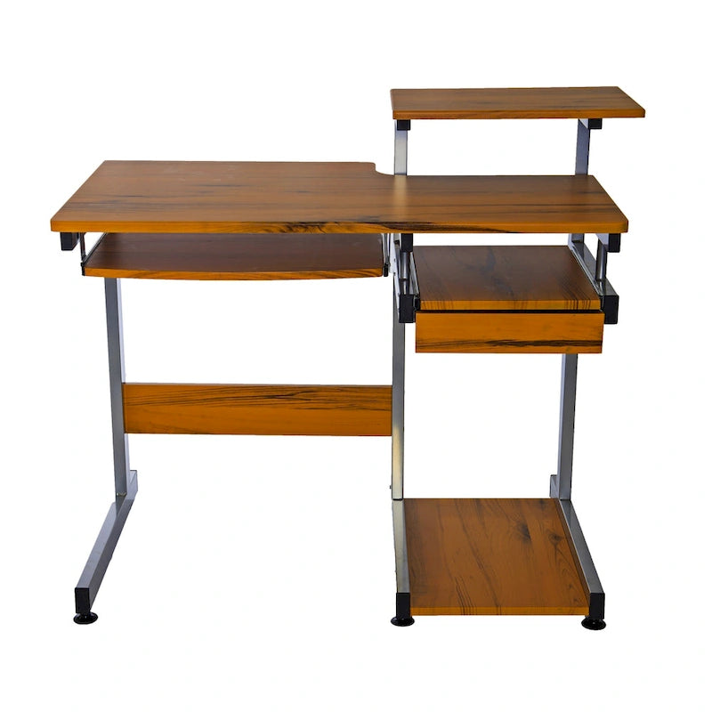Bureau d'ordinateur à grain de bois brun avec tiroir pour clavier et étagère pour unité centrale