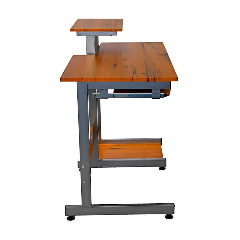 Bureau d'ordinateur à grain de bois brun avec tiroir pour clavier et étagère pour unité centrale