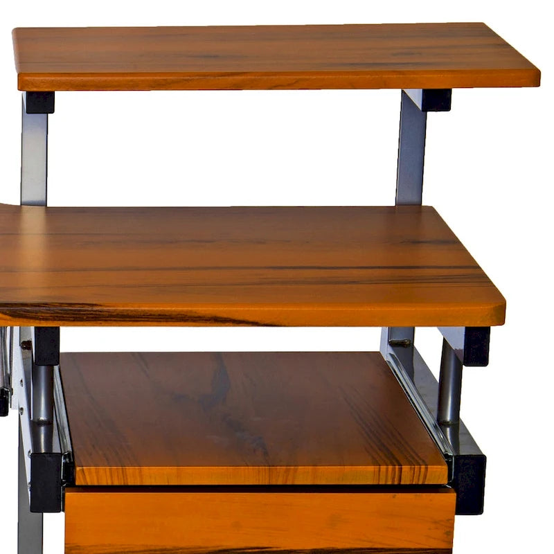 Bureau d'ordinateur à grain de bois brun avec tiroir pour clavier et étagère pour unité centrale