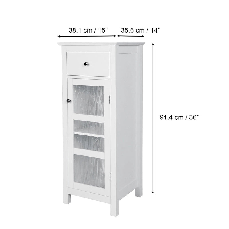 Meuble de rangement au sol blanc sur pied avec tiroir et porte en verre texturé