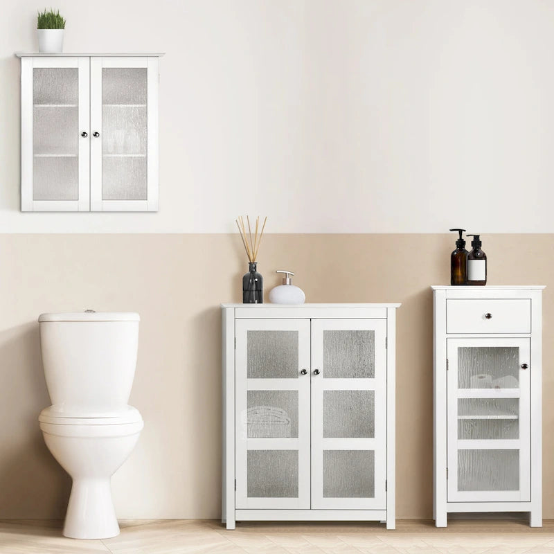 Meuble de rangement au sol blanc sur pied avec tiroir et porte en verre texturé