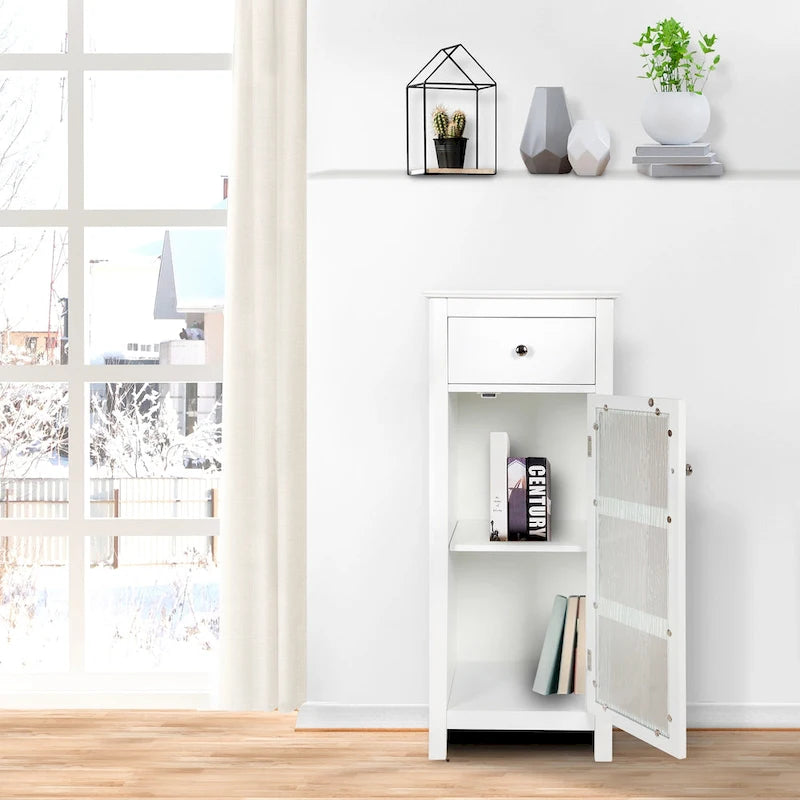 Meuble de rangement au sol blanc sur pied avec tiroir et porte en verre texturé