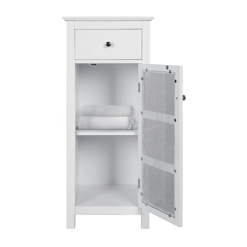 Meuble de rangement au sol blanc sur pied avec tiroir et porte en verre texturé