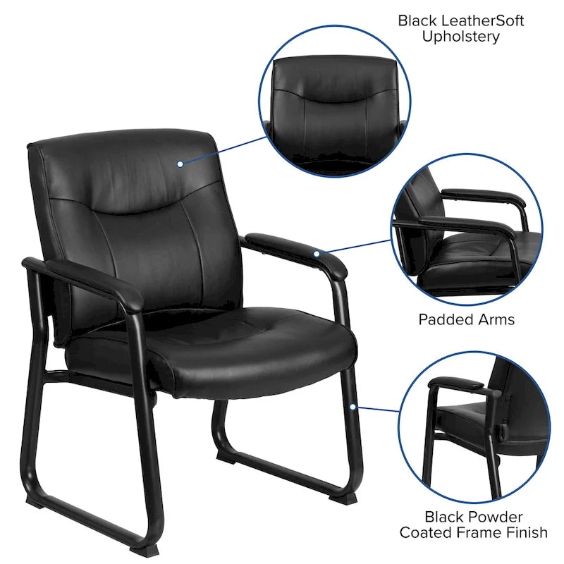 Chaise de réception de direction à dossier traîneau, rembourrée noire, avec accoudoirs matelassés
