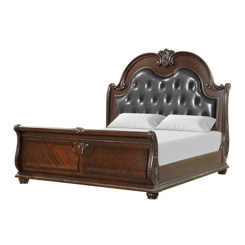 Lit traîneau traditionnel en bois de cerisier avec tête de lit en cuir capitonné King size