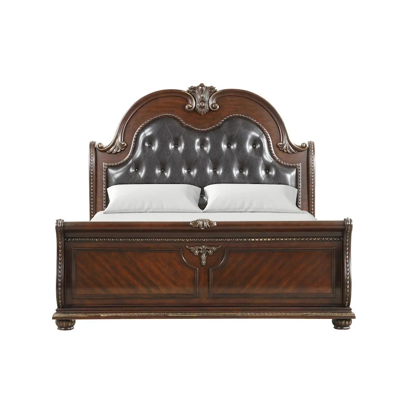 Lit traîneau traditionnel en bois de cerisier avec tête de lit en cuir capitonné King size