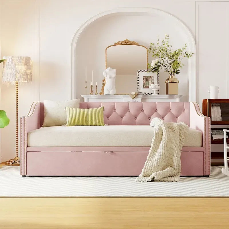 Lit de repos en velours avec dossier et accoudoirs capitonnés, Rose