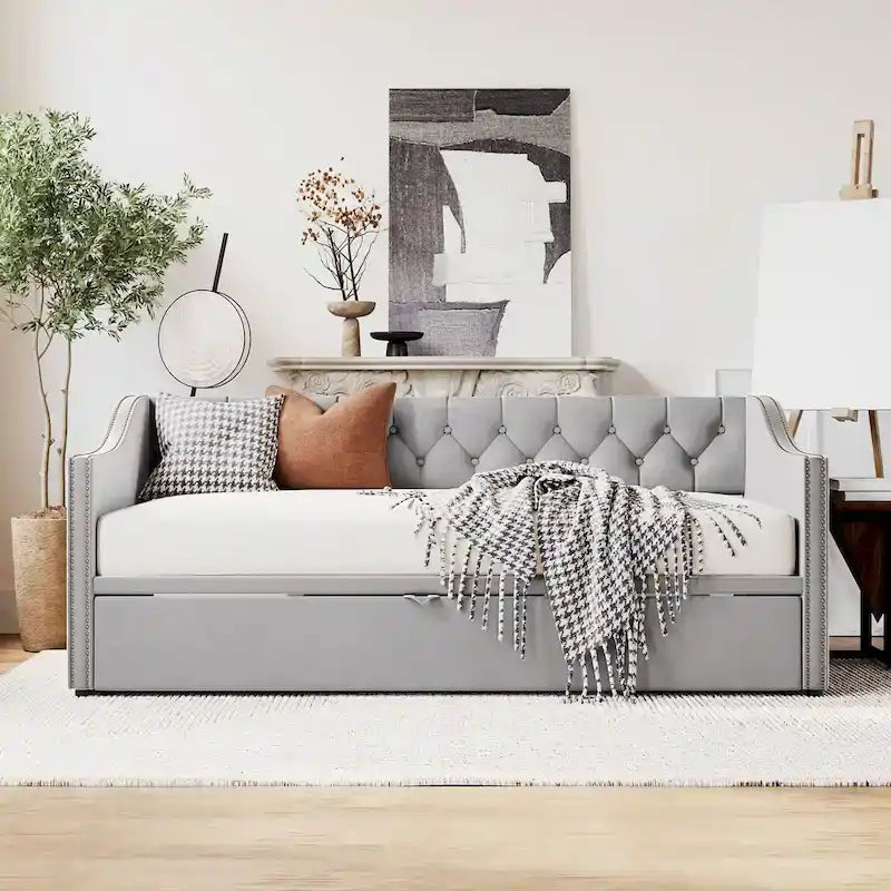Lit de repos en velours avec dossier et accoudoirs capitonnés, Rose