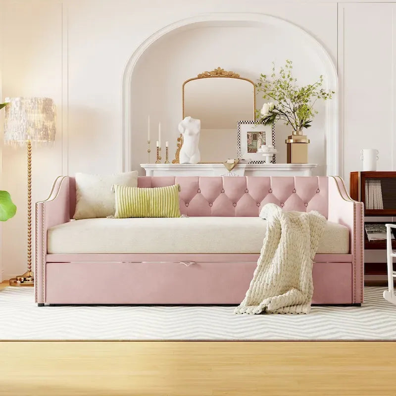 Lit de repos en velours avec dossier et accoudoirs capitonnés, Rose