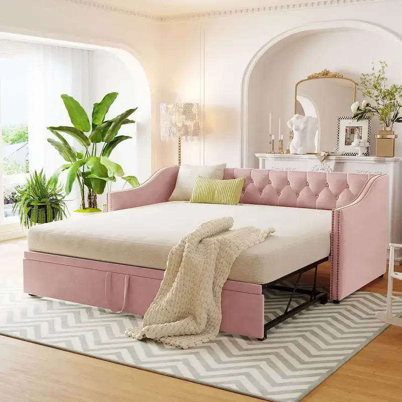 Lit de repos en velours avec dossier et accoudoirs capitonnés, Rose