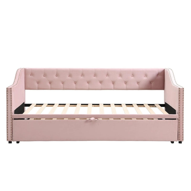 Lit de repos en velours avec dossier et accoudoirs capitonnés, Rose