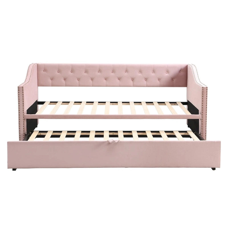 Lit de repos en velours avec dossier et accoudoirs capitonnés, Rose