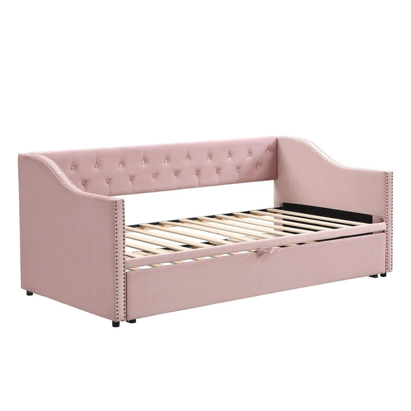 Lit de repos en velours avec dossier et accoudoirs capitonnés, Rose