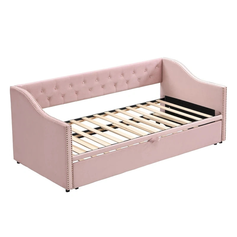 Lit de repos en velours avec dossier et accoudoirs capitonnés, Rose