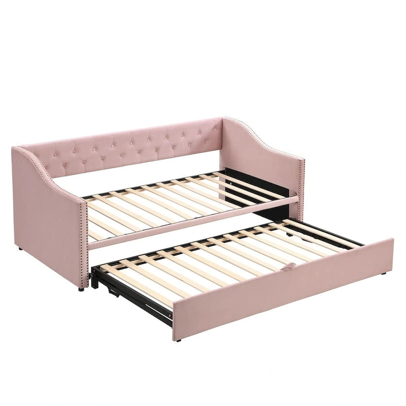 Lit de repos en velours avec dossier et accoudoirs capitonnés, Rose