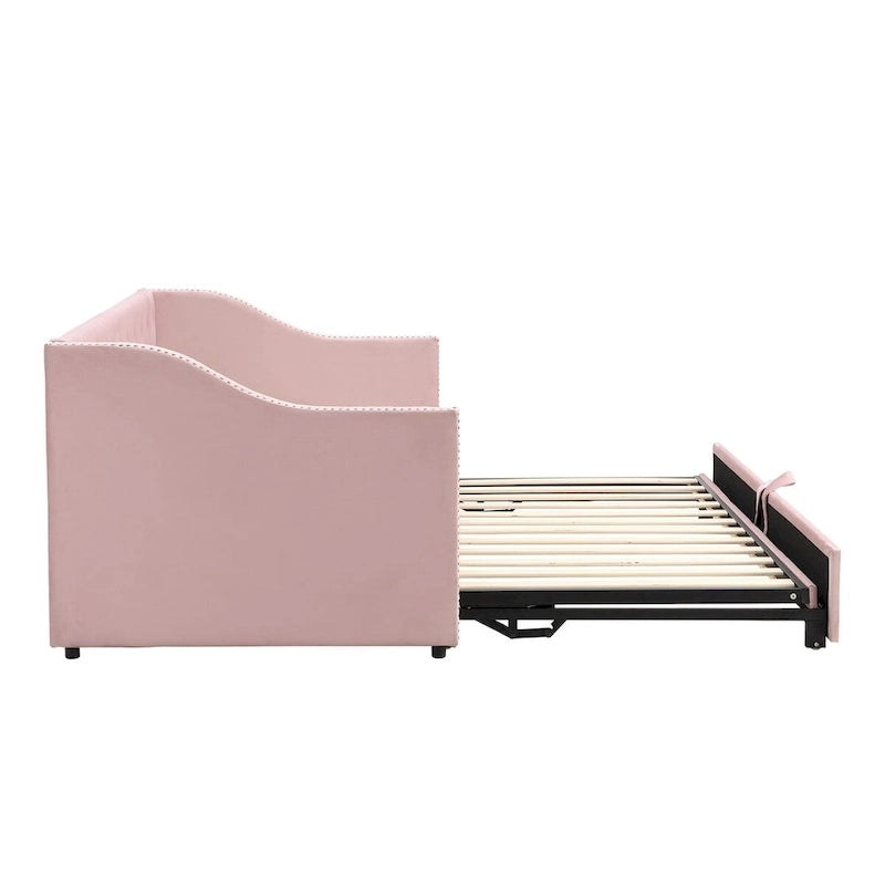 Lit de repos en velours avec dossier et accoudoirs capitonnés, Rose