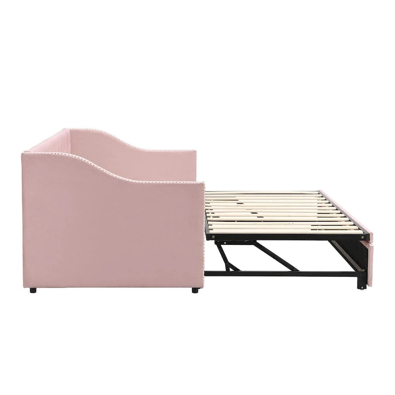 Lit de repos en velours avec dossier et accoudoirs capitonnés, Rose