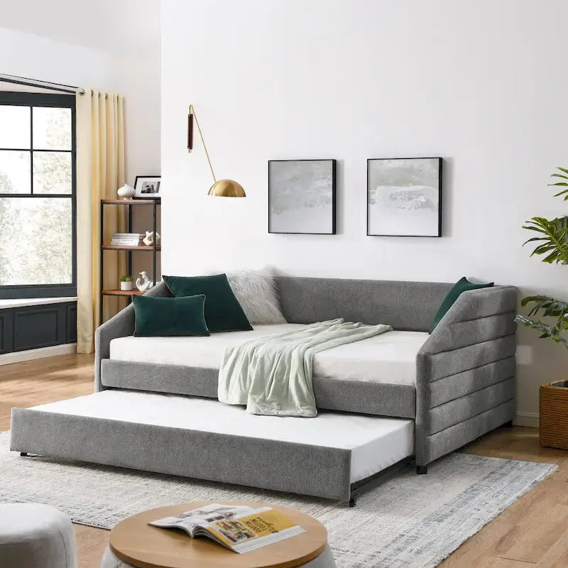 Full Size Daybed with Trundle Upholstered Tufted Sofa Bed, Linen Fabric(82.5x58x34)