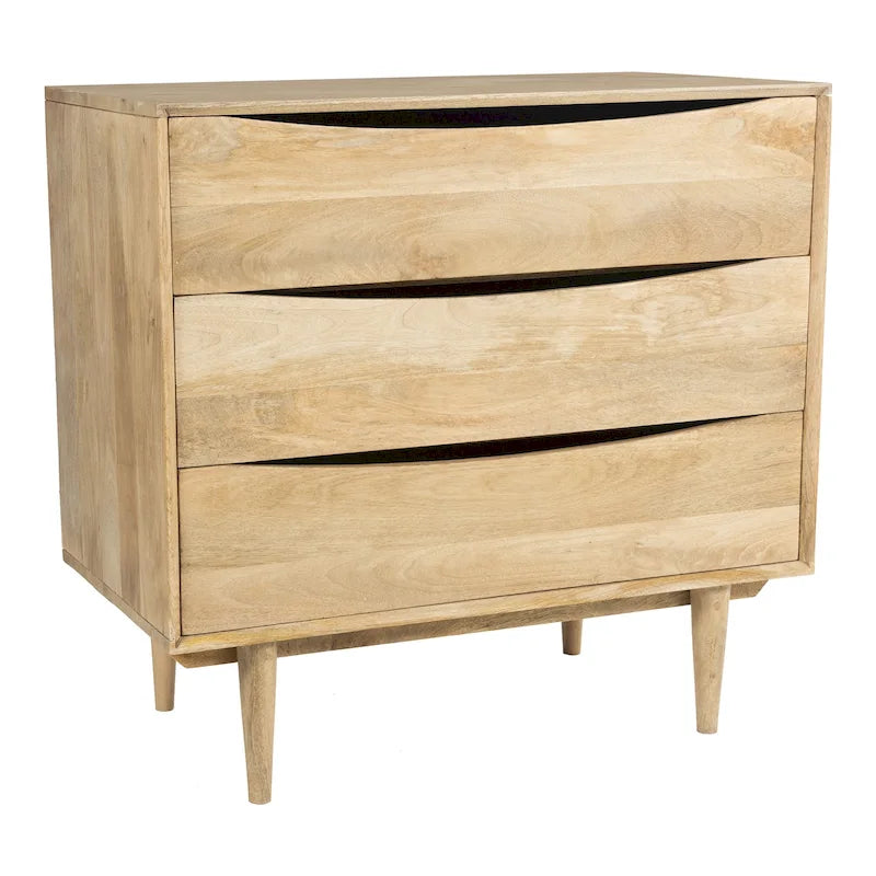 Commode trois tiroirs en bois massif avec poignées découpées, finition chêne et noyer