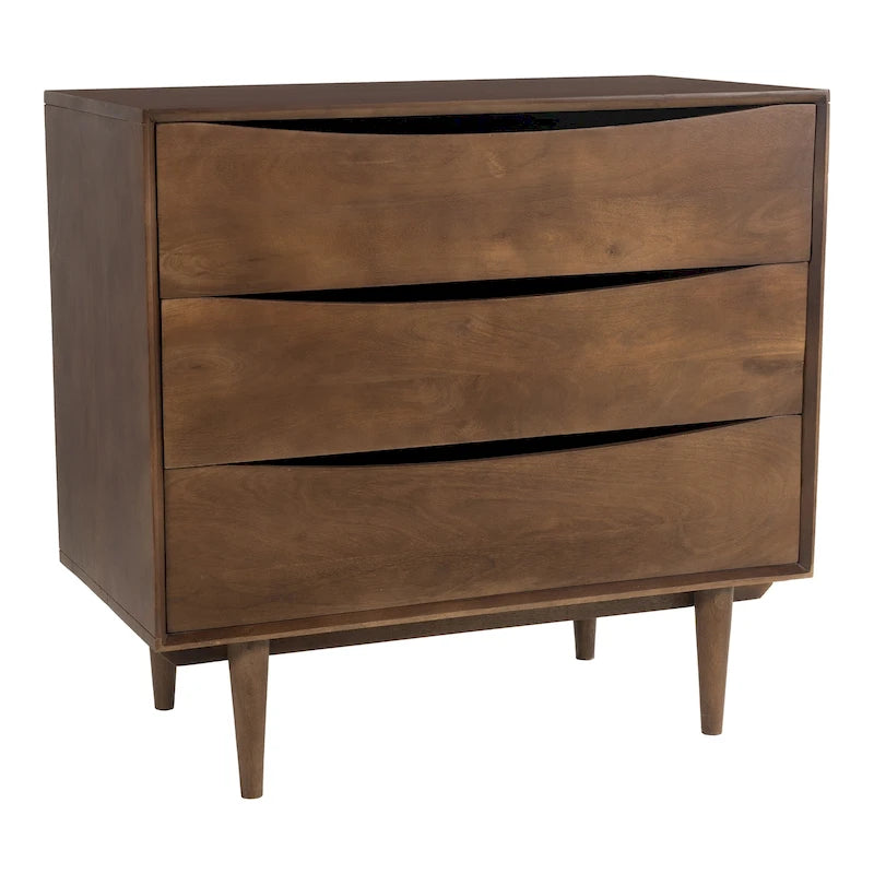 Commode trois tiroirs en bois massif avec poignées découpées, finition chêne et noyer