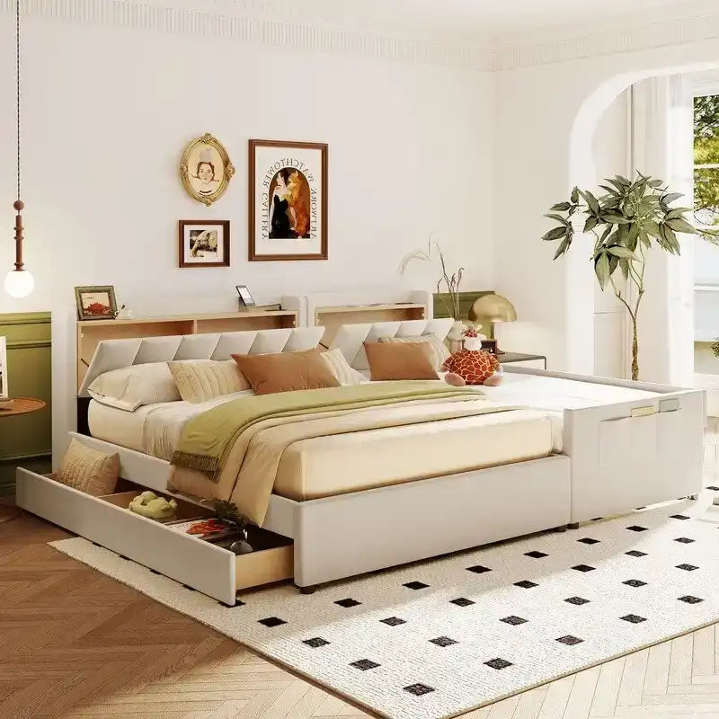 Lit plateforme capitonné beige avec tiroirs de rangement et étagères de tête de lit