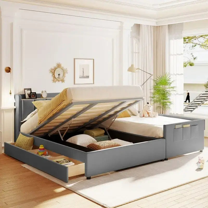 Lit plateforme capitonné beige avec tiroirs de rangement et étagères de tête de lit