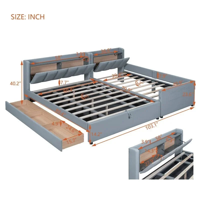 Lit plateforme capitonné beige avec tiroirs de rangement et étagères de tête de lit