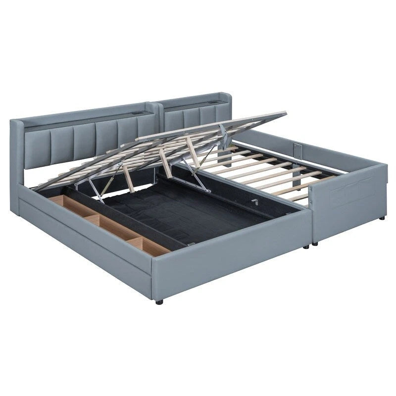 Lit plateforme capitonné beige avec tiroirs de rangement et étagères de tête de lit