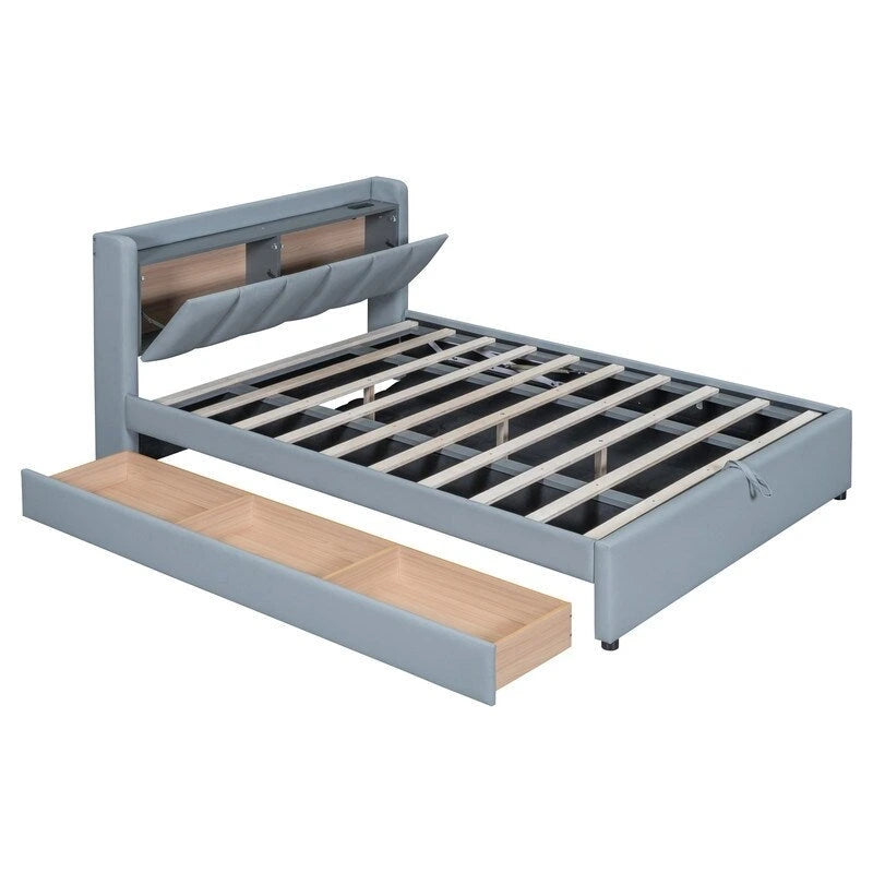 Lit plateforme capitonné beige avec tiroirs de rangement et étagères de tête de lit