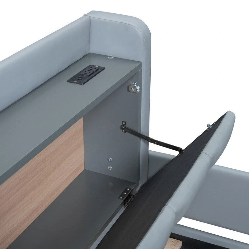 Lit plateforme capitonné beige avec tiroirs de rangement et étagères de tête de lit