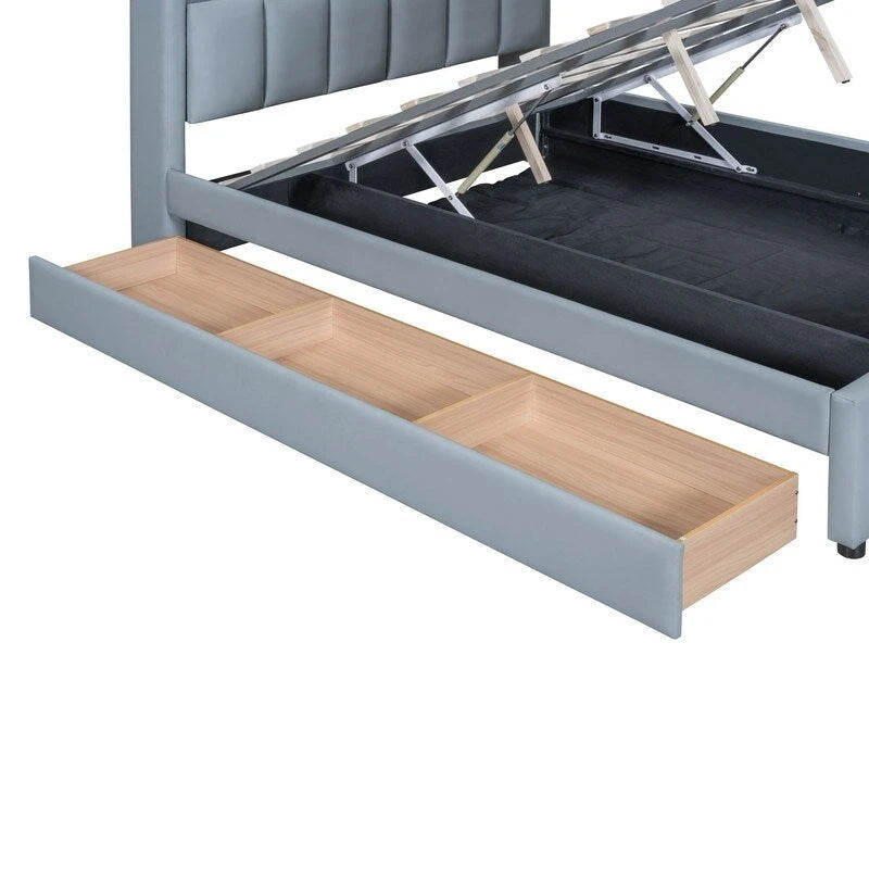 Lit plateforme capitonné beige avec tiroirs de rangement et étagères de tête de lit