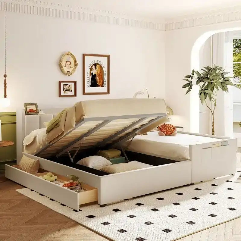 Lit plateforme capitonné beige avec tiroirs de rangement et étagères de tête de lit