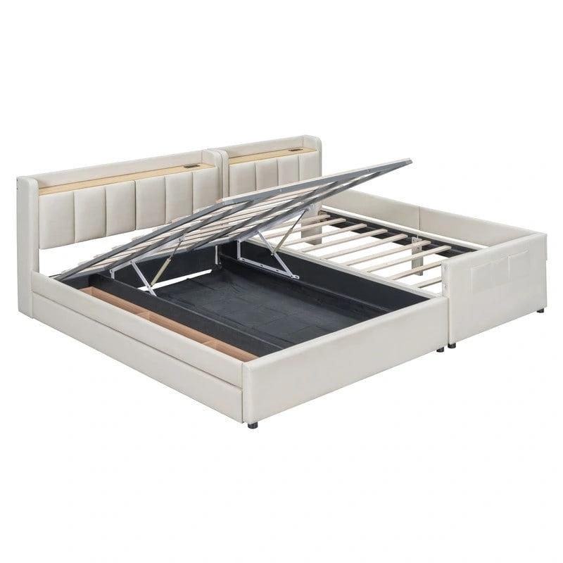 Lit plateforme capitonné beige avec tiroirs de rangement et étagères de tête de lit