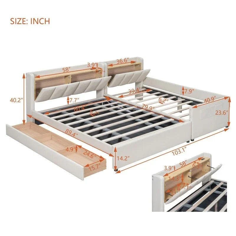 Lit plateforme capitonné beige avec tiroirs de rangement et étagères de tête de lit