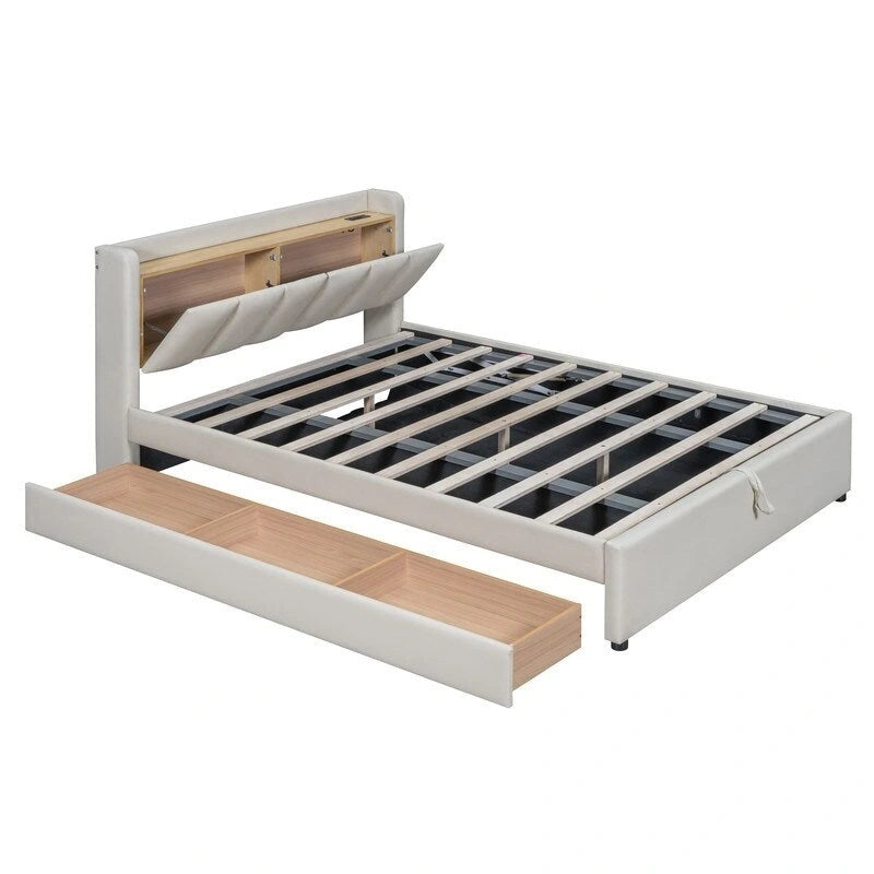Lit plateforme capitonné beige avec tiroirs de rangement et étagères de tête de lit