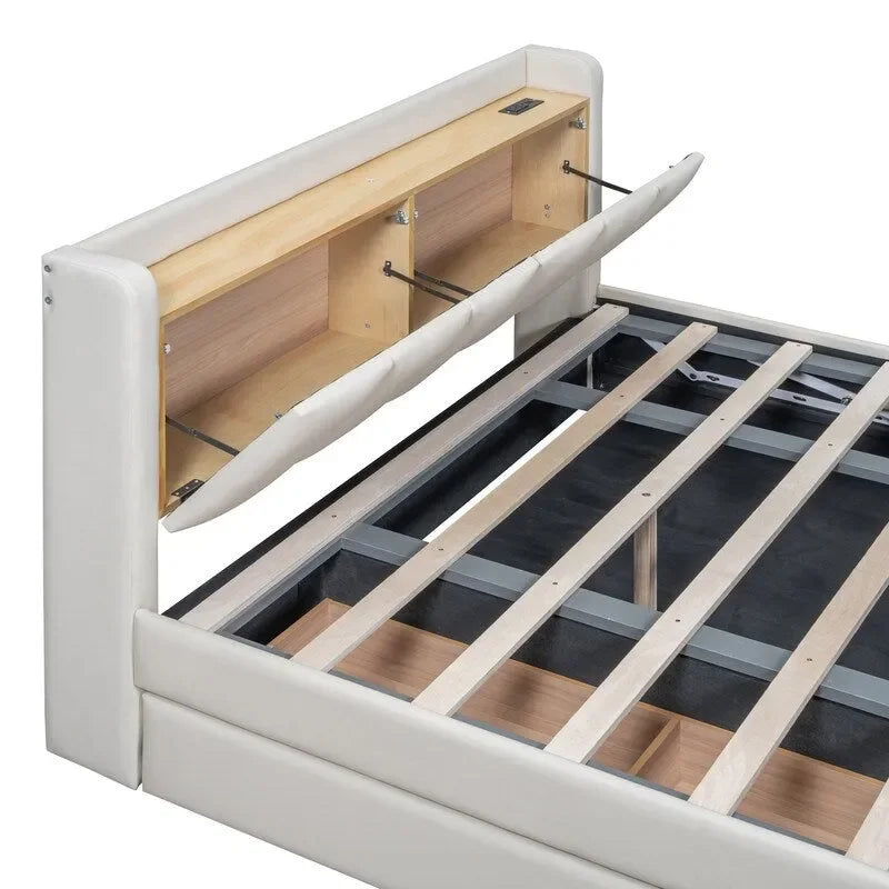 Lit plateforme capitonné beige avec tiroirs de rangement et étagères de tête de lit