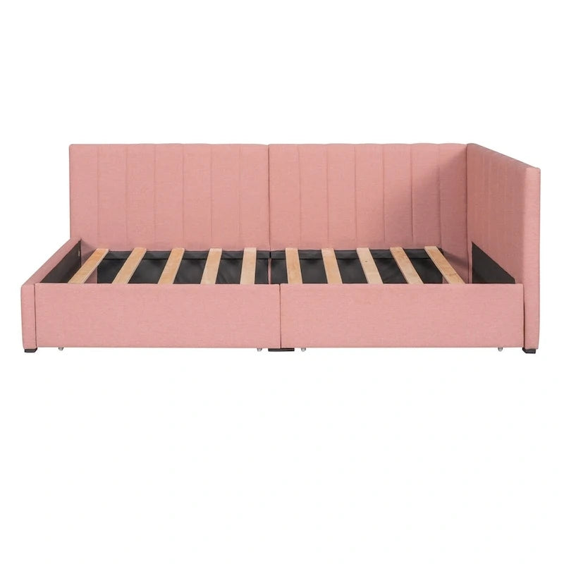 Lit de repos capitonné rose avec tiroirs de rangement, cadre de canapé-lit en lin