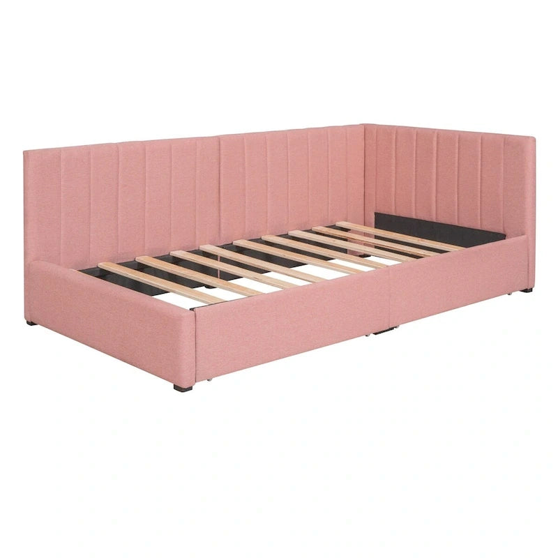 Lit de repos capitonné rose avec tiroirs de rangement, cadre de canapé-lit en lin