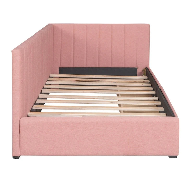 Lit de repos capitonné rose avec tiroirs de rangement, cadre de canapé-lit en lin