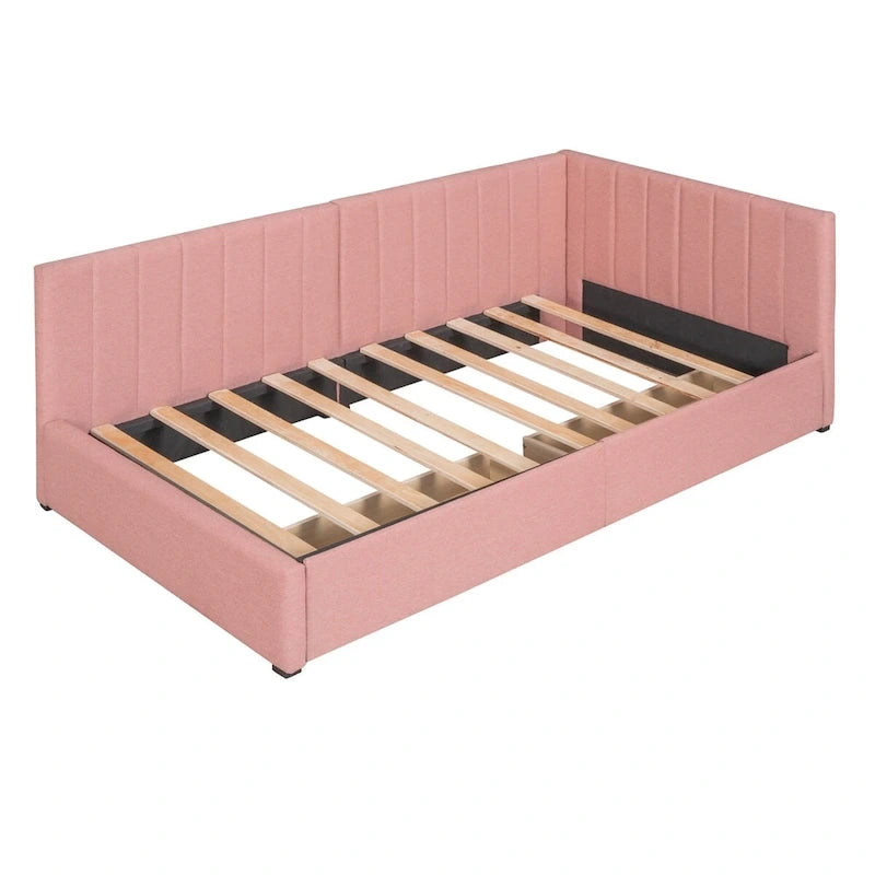 Lit de repos capitonné rose avec tiroirs de rangement, cadre de canapé-lit en lin