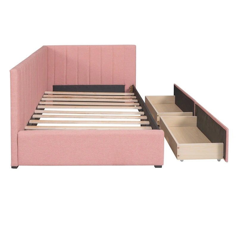 Lit de repos capitonné rose avec tiroirs de rangement, cadre de canapé-lit en lin