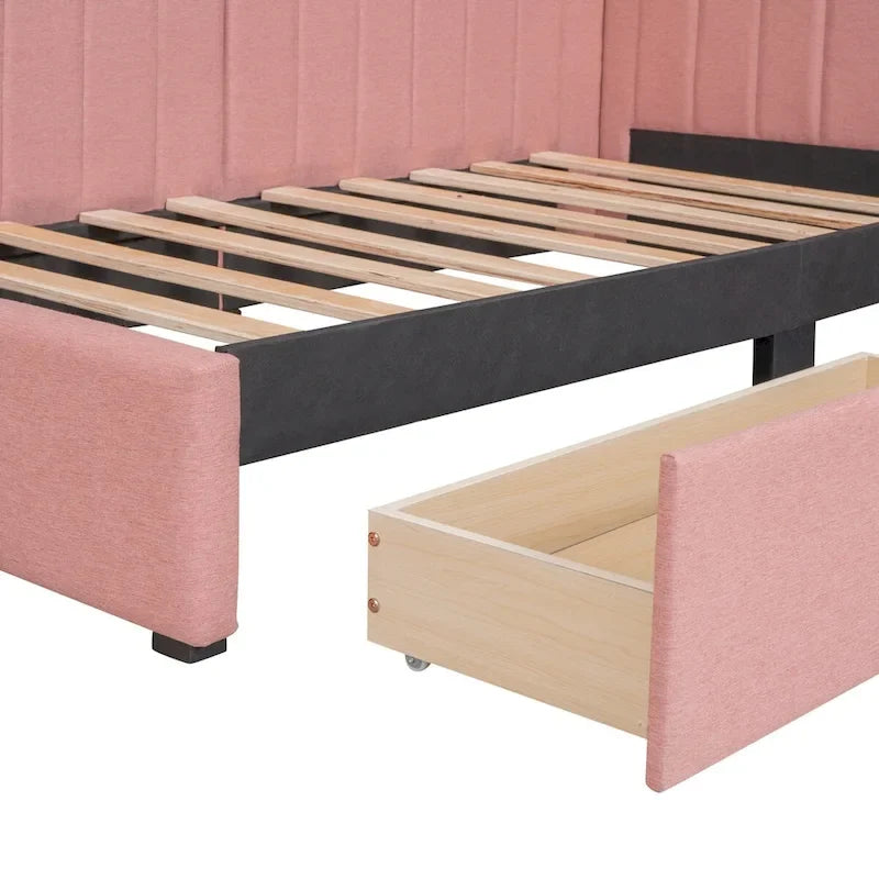 Lit de repos capitonné rose avec tiroirs de rangement, cadre de canapé-lit en lin